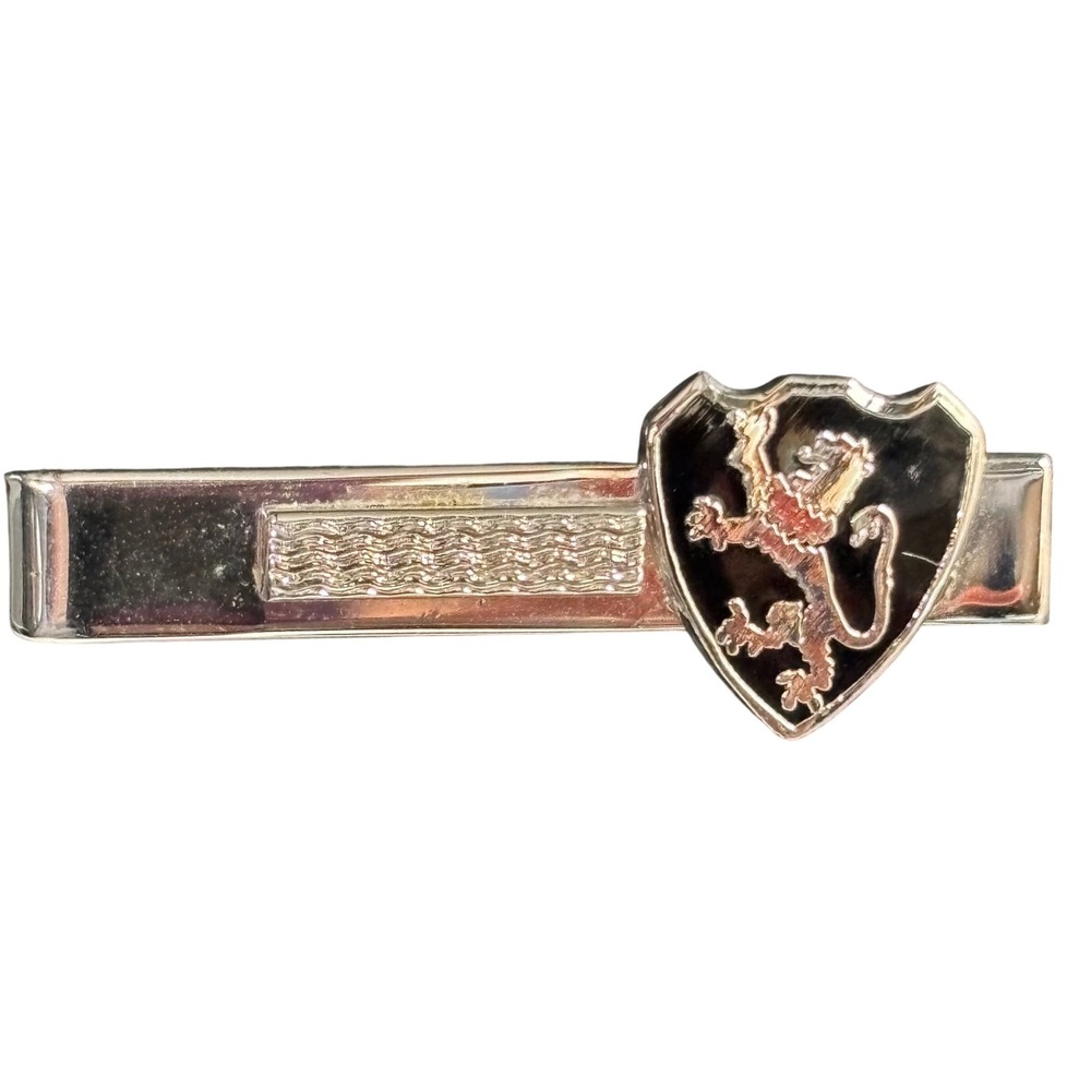 Vintage Silver Black Enamel Rampant Lion Shield Heraldic Tie Clip